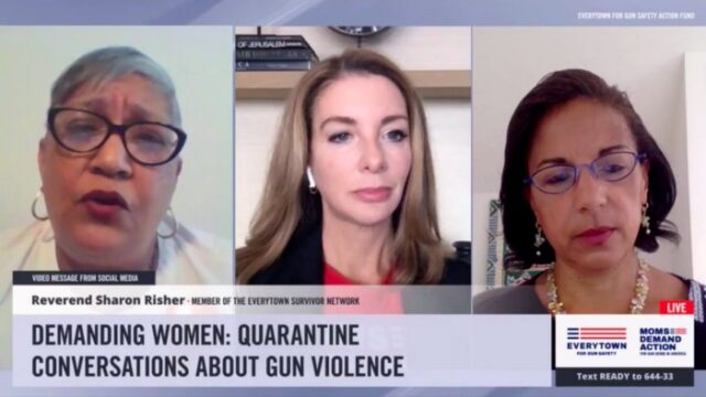 Screenshot of Reverend Sharon Risher, Shannon Watts, and Susan Rice on a live video conversation