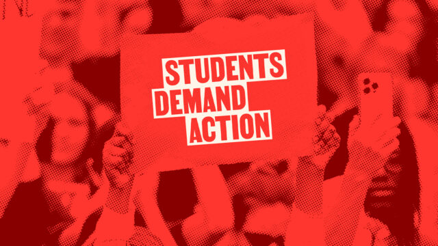 A heavily stylized photo of a person carrying a Students Demand Action sign at a protest.
