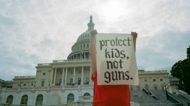 A low-angle photo of a person standing in front of the steps of the Capitol Building in Washington, D.C. The person is wearing a red shirt and is holding up a rectangular sign in front of their face that reads 