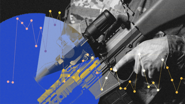 A black-and-white image close-up of a person's torso and hand holding a firearm resembling a rifle. This image is overlaid with a line chart in white, orange, and purple and with a pie chart in shades of light and dark blue.