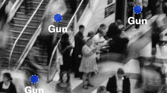A black-and-white depiction of people moving through a public space with three blue dots overlaid on three people with the word 