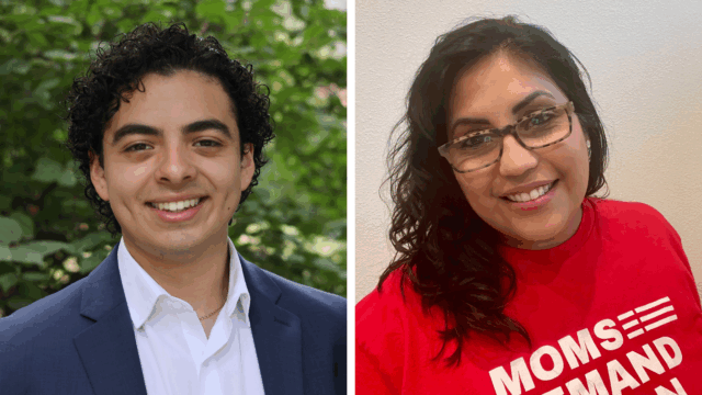 A collage of the headshots of two Demand a Seat participants. On the left, a Latino man with short, curly, dark hair wears a white collared shirt and a navy blue blazer. On the right, a Latina woman with shoulder-length dark hair and tortoiseshell rectangular glasses wears a red Moms Demand Action t-shirt.