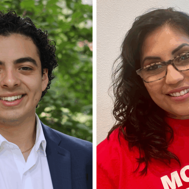 A collage of the headshots of two Demand a Seat participants. On the left, a Latino man with short, curly, dark hair wears a white collared shirt and a navy blue blazer. On the right, a Latina woman with shoulder-length dark hair and tortoiseshell rectangular glasses wears a red Moms Demand Action t-shirt.