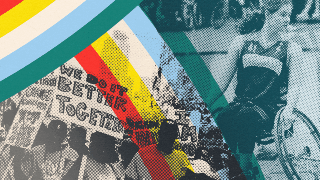 A collage of photos showing people protesting for disability justice, and a disabled athlete using a wheelchair, with the disability pride colors overlayed on the collage.