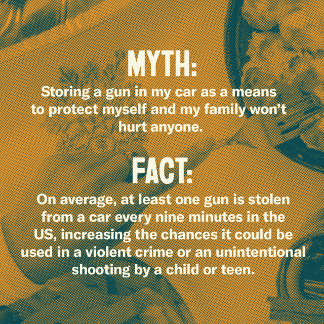 This holiday season, fork over the facts. Myth: Storing a gun in my car as a means to protect myself and my family won't hurt anyone. Fact: On average, at least one gun is stolen from a car every nine minutes in the US, increasing the chances it could be used in a violent crime or an unintentional shooting by a child or a teen. Source: Everytown.org/Facts