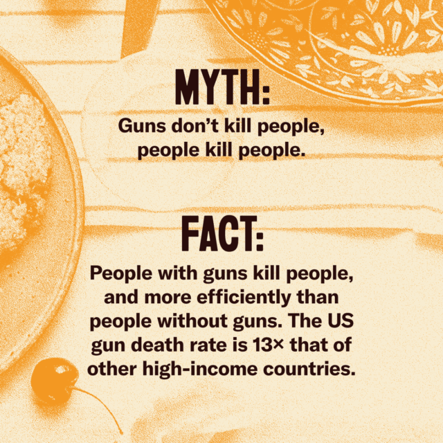 This holiday season, fork over the facts. Myth: Guns don't kill people, people kill people. Fact: People with guns kill people, and more efficiently than people without guns. The US gun death rate is 13 times that of other high-income countries. Source: Everytown.org/Facts