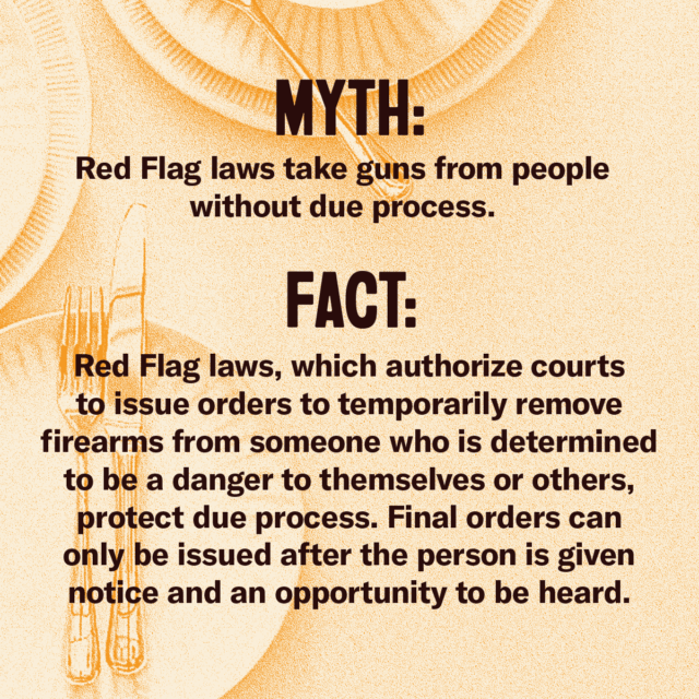 This holiday season, fork over the facts. Myth: Red Flag laws take guns from people without due process. Fact: Red Flag laws, which authorize courts to issue orders to temporarily remove firearms from someone who is determined to be a danger to themselves or others, protect due process. Final orders can only be issued after the person is given notice and an opportunity to be heard. Source: Everytown.org/Facts