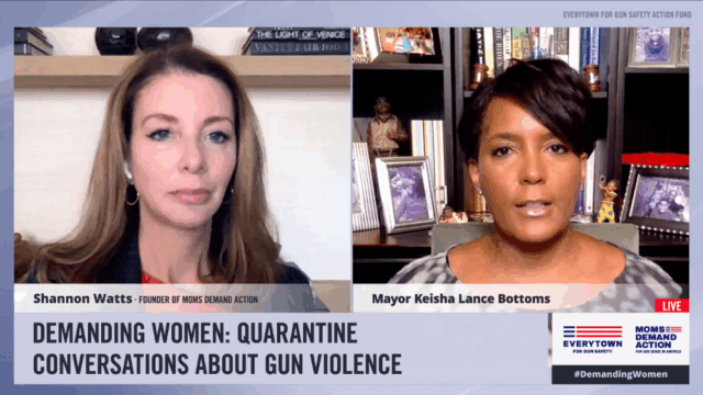Screenshot of Shannon Watts and Keisha Lance Bottoms in conversation on a Facebook live