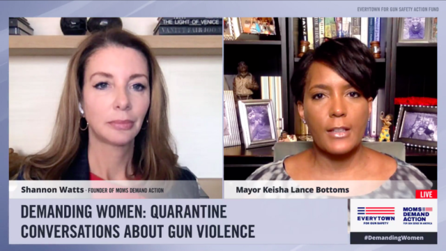 Screenshot of Shannon Watts and Keisha Lance Bottoms in conversation on a Facebook live