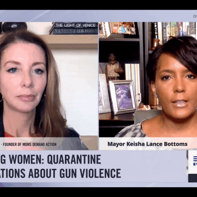 Screenshot of Shannon Watts and Keisha Lance Bottoms in conversation on a Facebook live