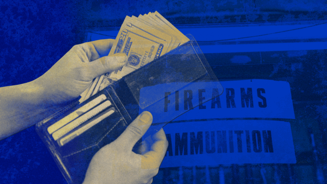 A person holds a wallet and counts out twenty-dollar bills; superimposed behind the wallet is a sign that reads 