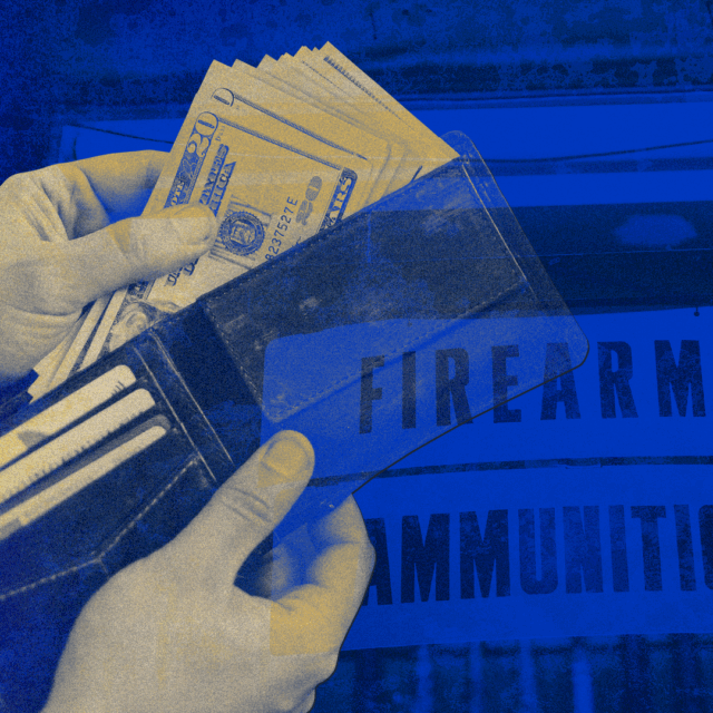 A person holds a wallet and counts out twenty-dollar bills; superimposed behind the wallet is a sign that reads 