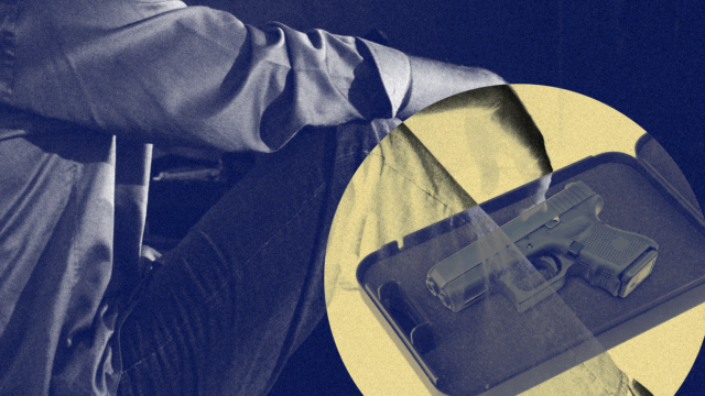 A person sites with their arms resting on their knees; a gun lock box with a handgun inside is pictured next to the person's leg. The image represents how the gun lock boxes that would be provided under the Saving Our Veterans Lives Act could help protect a veteran in crisis from firearm suicide.