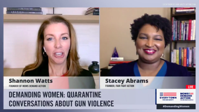 Screenshot of a live video conversation between Stacey Abrams and Shannon Watts