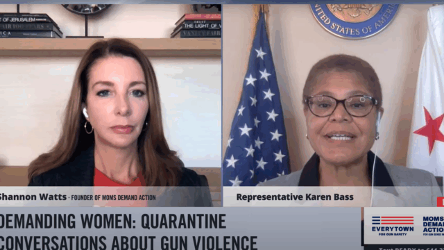 Screenshot of a Facebook live conversation with Shannon Watts and Representative Karen Bass