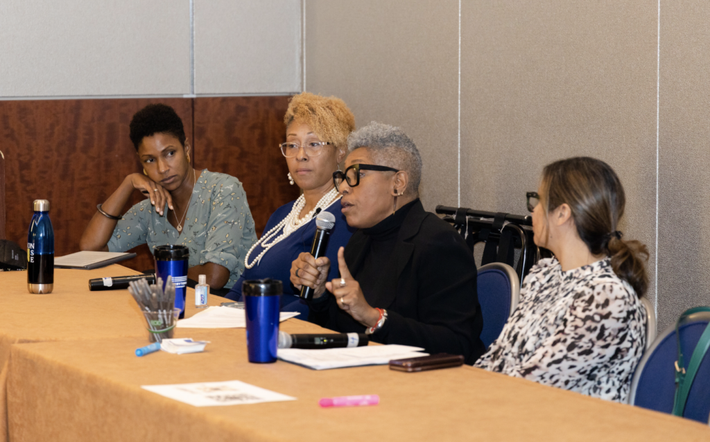 A panelist speaks at the Community Safety Fund convening