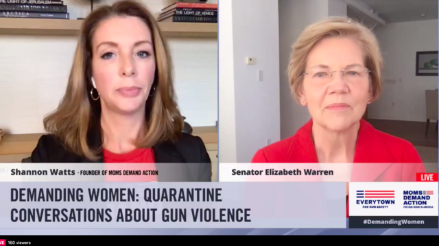 Screenshot of a live conversation between Shannon Watts and Elizabeth Warren