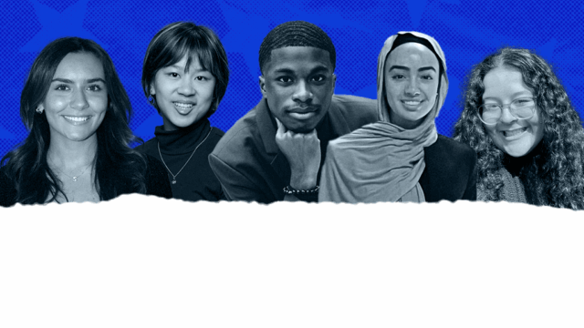 The headshots of the five featured students are superimposed on a cobalt blue blackground. The headshots are in a black-and-white color palette. The bottom half of the photo is plain white, and the headshots/blue background appear above the white background; they are blended by a texture that looks like a page has been ripped out of a notebook.