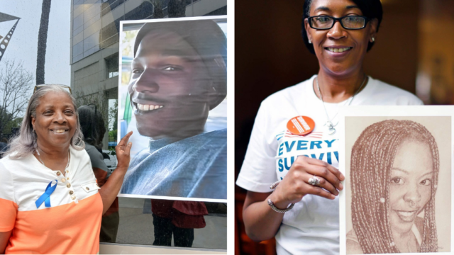 A collaged image of Giesela Tanner (left) standing next to a photo of her son, Ellis. On the right of the image, Nicole Gardner holds a pencil sketch of her daughter, Ronique. Both Ellis and Ronique were shot and killed in separate incidents; their killings remain unsolved.