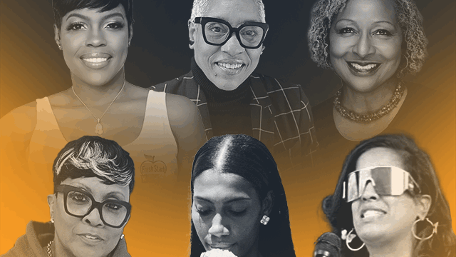 A collage of black-and-white portrait photos of the six women leaders of Community Safety Fund grantee organizations featured in a Women's History Month blog. From left to right: Jermia Jerdine, Freedom Jones, Teresa Negron, Wanda Ridgeway, Tia Bell, Liza Chowdhury.